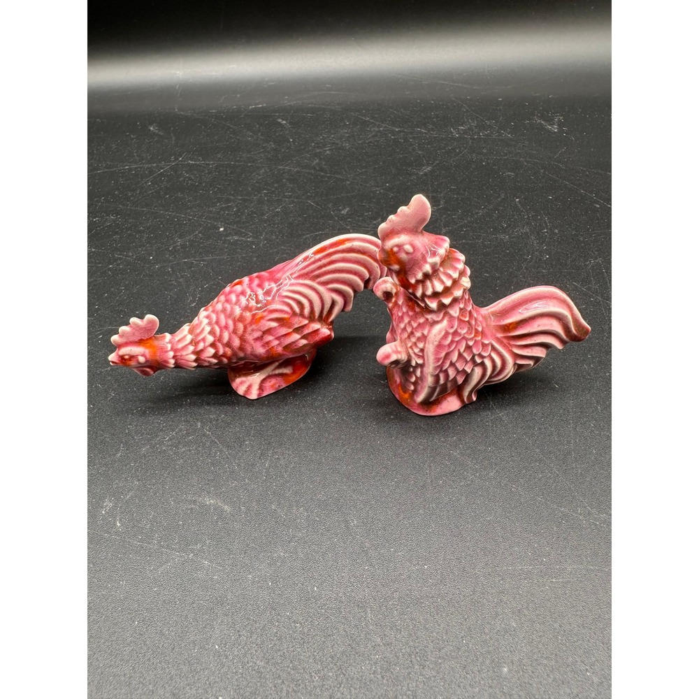 Rare Asian Vintage Pink/Red Ceramic Rooster Figurines MCM Chicken Statues